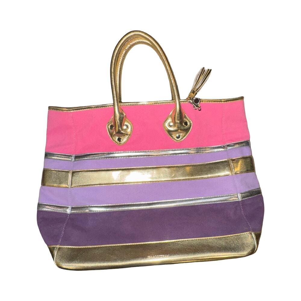 Isaac Mizrahi Canvas Beach Tote Gold Pink Purple Large - Picture 9 of 9